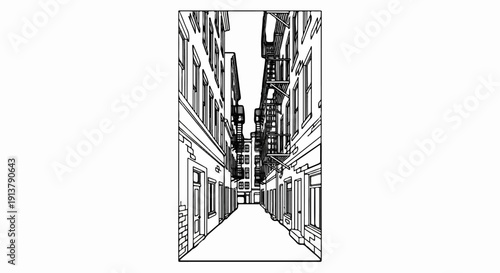 Perspective view of an empty, narrow city alley with brick buildings and fire escapes
