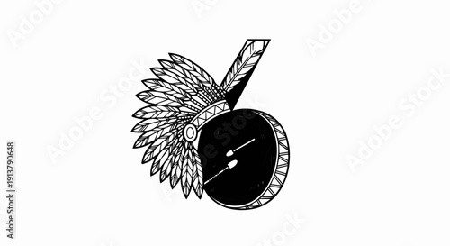 Native American headdress atop a drum with sticks, black and white art