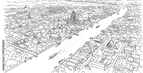 Panoramic aerial view of a bustling riverside settlement with temples