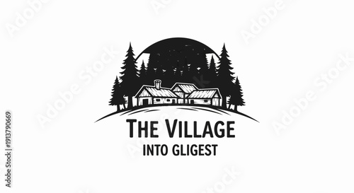 Rustic village scene with houses nestled among trees and mountains