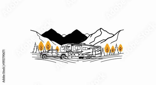 Pickup truck towing a large travel trailer with mountains and trees