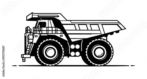 Black and white illustration of a large mining dump truck.