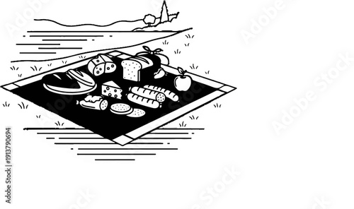 Picnic spread with bread, cheese, sausages, and an apple on a blanket