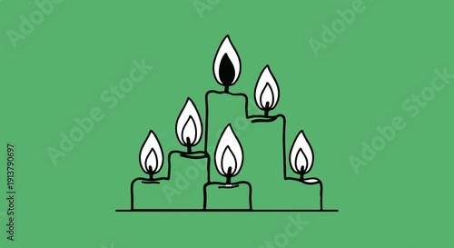 Seven lit candles arranged in a staggered pyramid shape on a green background
