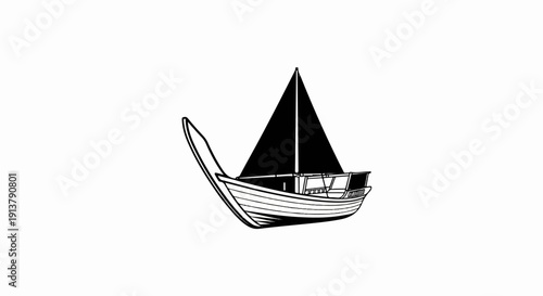 Minimalist black and white illustration of a dhow with a dark sail
