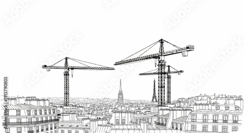 Parisian rooftops and iconic landmarks beneath towering construction cranes