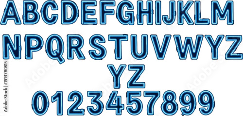 Neon blue outline alphabet letters and numbers on white background
