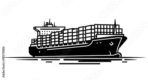 Black and white cargo ship illustration on white background.