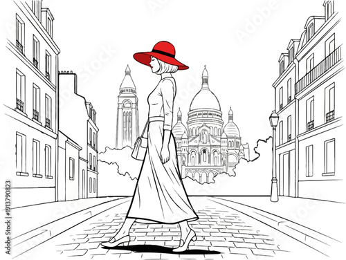 Parisian street scene with a woman in a red hat and elegant dress crossing cobblestones