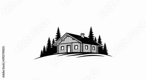 Rustic wooden cabin nestled among pine trees on a grassy hill