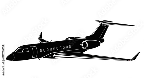 Private jet aircraft silhouette on white background.