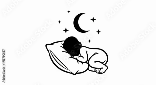 Peaceful infant sleeps on pillow under starry crescent moon