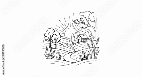 Peaceful rural landscape with a winding path, a cottage, and a sunlit sky