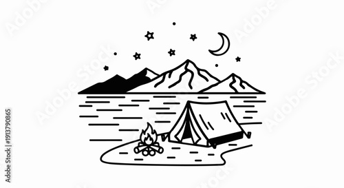 Night camping by a lake with mountains and stars