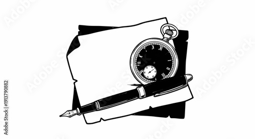 Pen and pocket watch on parchment paper, ink pen writing