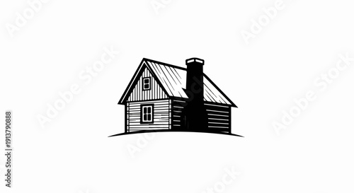 Rustic wooden cabin with a tall chimney on a hill