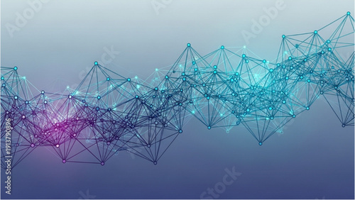 Complex digital network structure with nodes and connections viewed from above in a futuristic environment