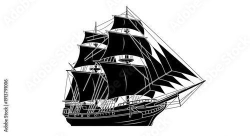 Vintage sailing ship with multiple masts and billowing sails.