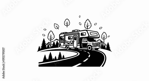 RV travels on a winding road through a forest landscape