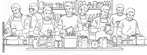 People packing goods on shelves in a storeroom