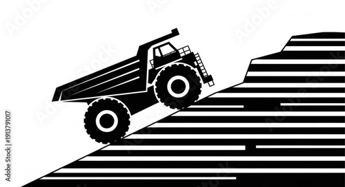 Black and white illustration of a dump truck on a road.