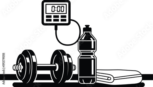 Heavy dumbbell paired with water bottle and towel next to digital timer for gym training vector illustration.