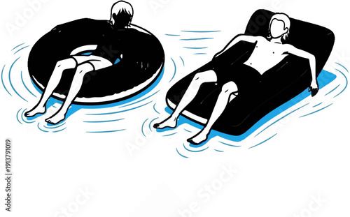 People relaxing on inflatable tubes and mattresses in water