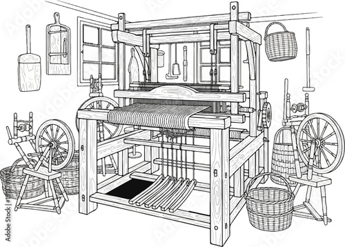 Rustic workshop with looms, spinning wheels, and baskets