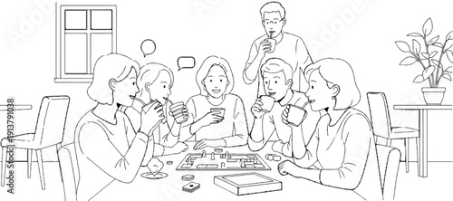 People playing board games and enjoying drinks indoors