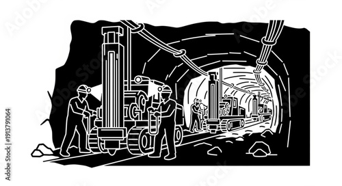 Miners operating machinery in an underground mine tunnel.