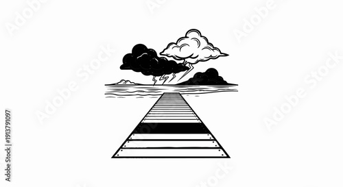 Pier leading to a stormy sea with lightning strikes and dark clouds