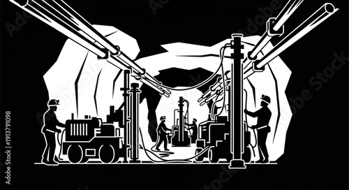 Industrial workers operating heavy machinery in a factory setting.