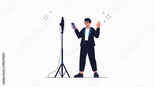 Man in Suit Vlogging with Ring Light and Smartphone