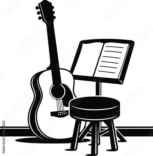 Acoustic guitar resting near music stand with sheet music and round stool black and white vector illustration.