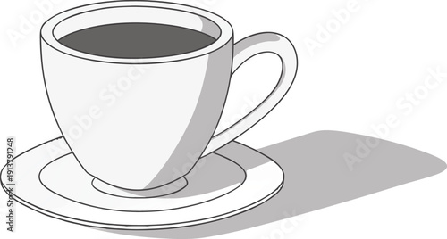 Simple black and white illustration of a hot coffee cup resting on a saucer