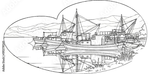 Several fishing boats are moored in calm water with mountains in the background