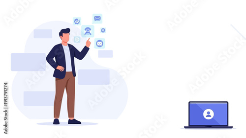 Man Interacting with Digital Interface, Technology and Communication Concept