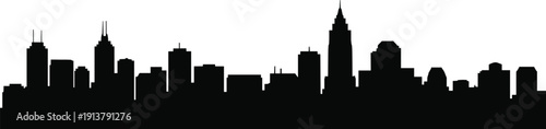 Black city skyline silhouette vector illustration featuring modern downtown skyscrapers and urban buildings, panoramic cityscape horizon design, isolated for architecture and business concepts.