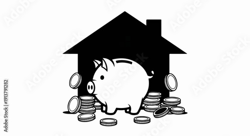 Piggy bank and coins beneath a house silhouette, symbolizing savings