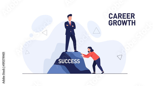 Man on Success Mountain, Woman Pushing for Career Growth