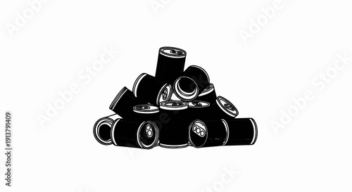 Pile of black aluminum cans, some open, scattered on white background