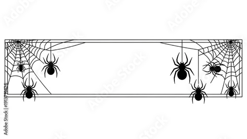 Black spiders hanging from webs on a rectangular frame viewed from the front