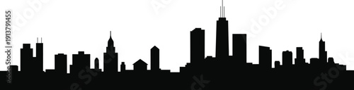 Black city skyline silhouette vector illustration with modern downtown skyscrapers and urban buildings, panoramic cityscape horizon design, architecture and business use.