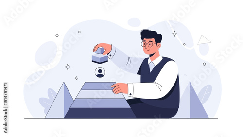 Man placing step on career ladder, business growth, strategy, concept illustration