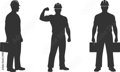 Silhouettes of construction workers in various poses conveying strength and labor