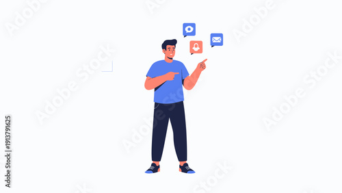 Man pointing at digital icons: message, security lock, email