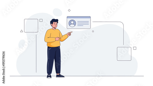 Man pointing at profile interface, concept of user account, personal data, and digital identity