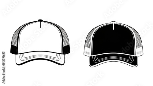 Illustration of baseball caps with different front panel designs and mesh backs, viewed from the front