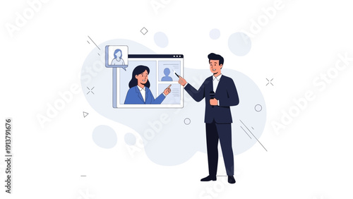 Man points to employee profiles on digital screen, recruitment concept