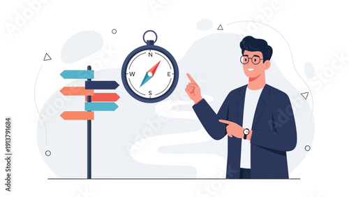 Man pointing to signpost with compass, decision making concept